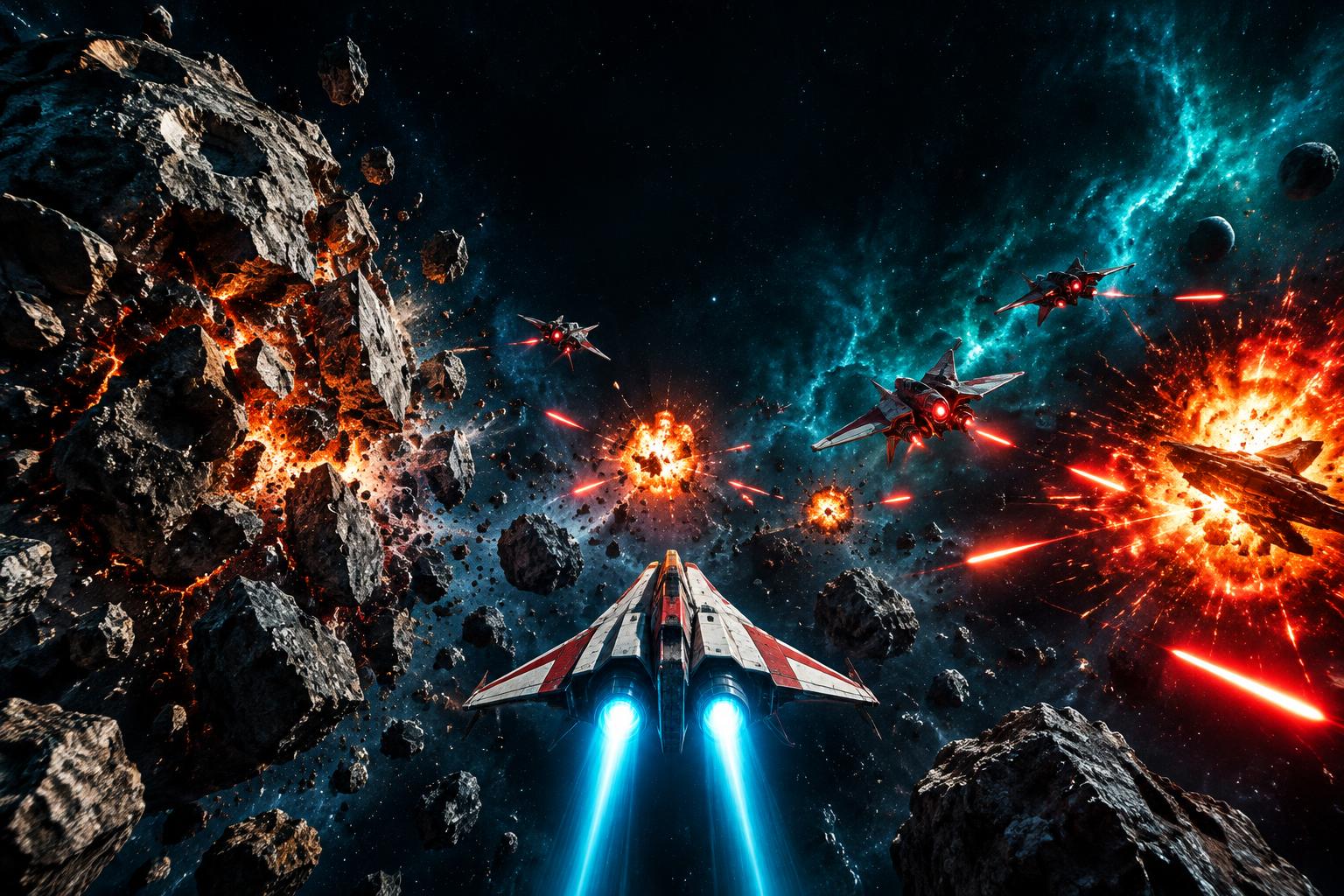 Illustrated spacecraft flying through an asteroid battlefield